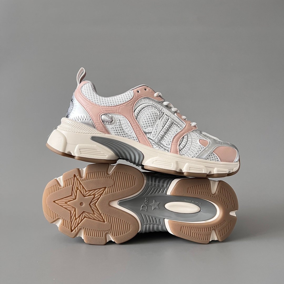 AuroraCustom Dior Chrono Series Sakura Pink & Liquid Metallic Silver Technical Mesh Luxury Retro Runner Sneaker (Women's Edition) - Image 6