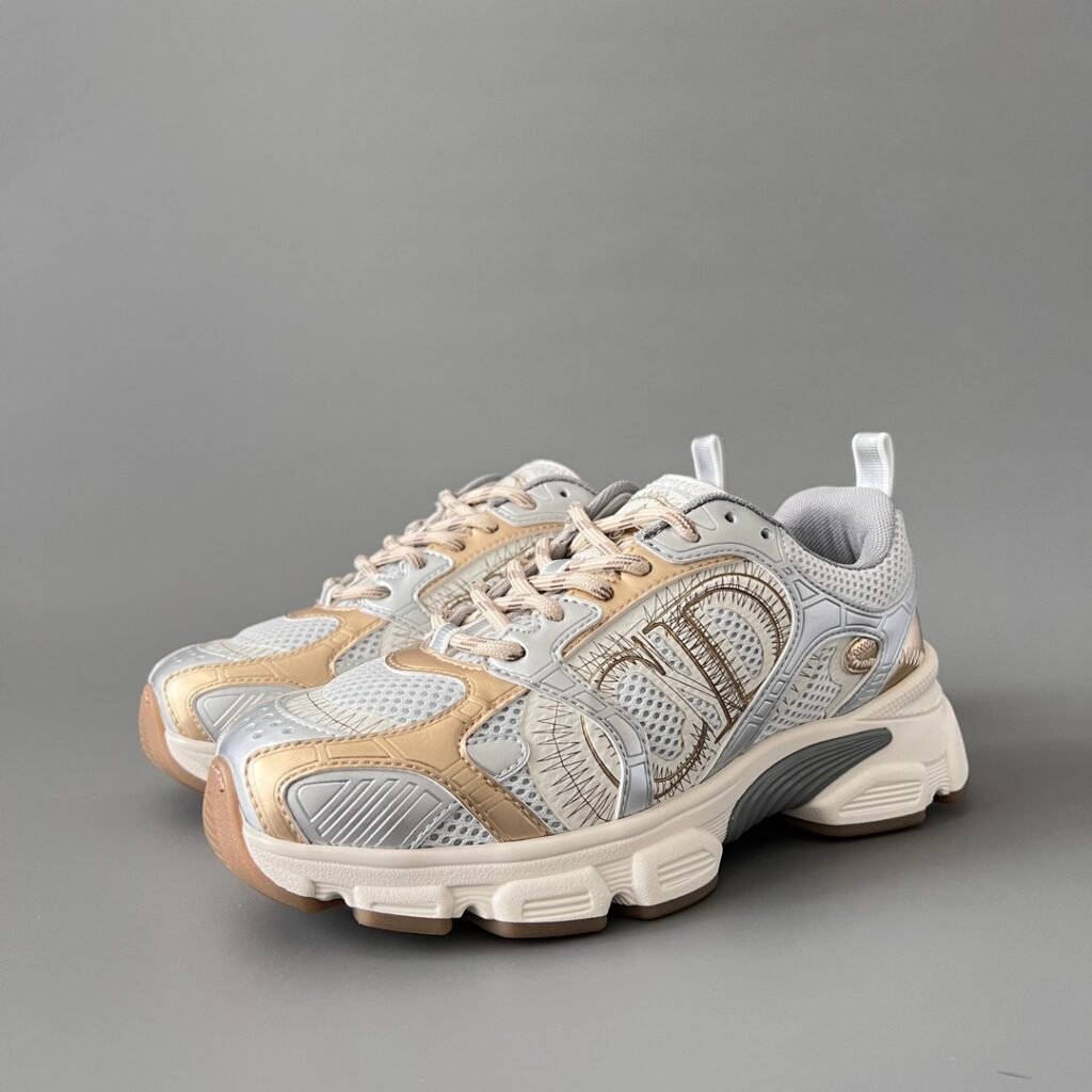 AuroraCustom Dior Chrono Series Champagne Gold & Liquid Metallic Silver Technical Mesh Luxury Retro Runner Sneaker (Women's Edition)