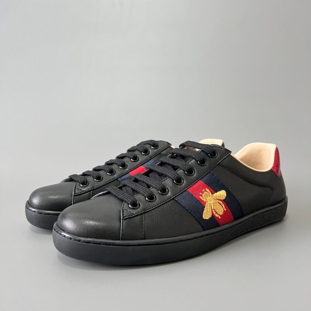 Aurora Custom Gucci Ace Midnight Black Leather Sneaker with Gold Thread Bee