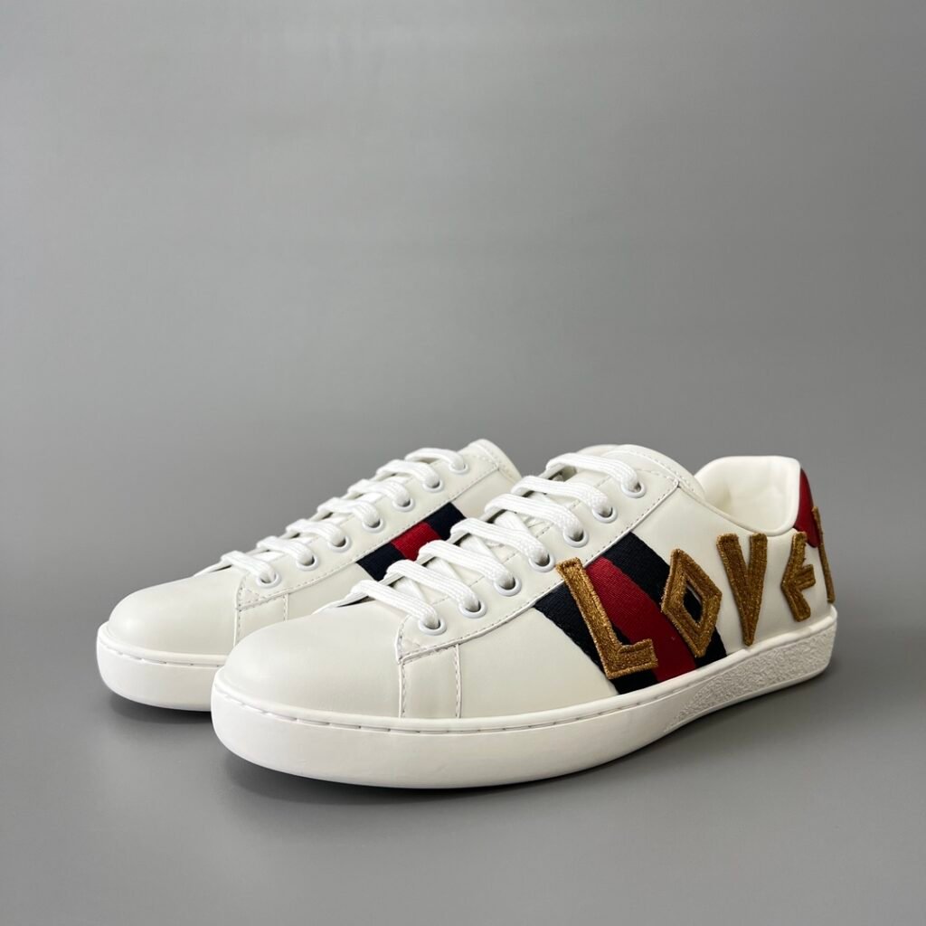 Aurora Custom Gucci Ace Alabaster White Leather Sneaker with Gold Thread "LOVE" Embroidery