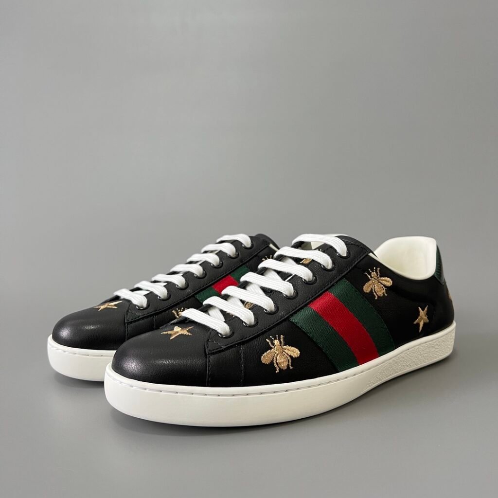 Aurora Custom Gucci Ace Midnight Black Leather Sneaker with Gold Thread Bees & Stars