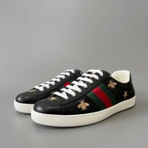 Aurora Custom Gucci Ace Midnight Black Leather Sneaker with Gold Thread Bees & Stars