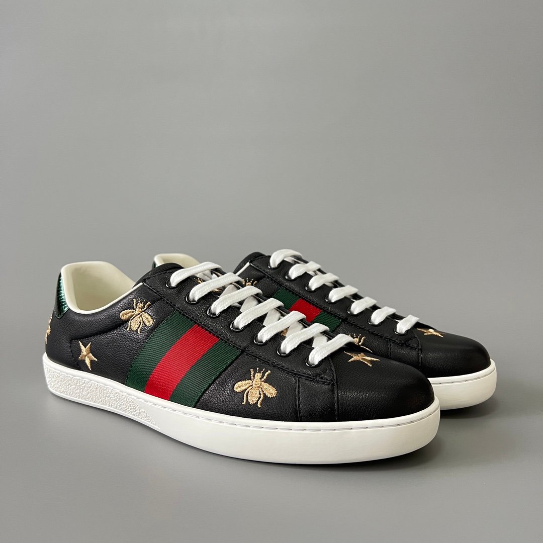Aurora Custom Gucci Ace Midnight Black Leather Sneaker with Gold Thread Bees & Stars - Image 3