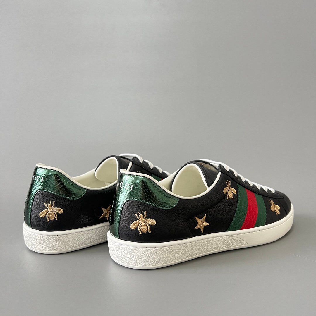 Aurora Custom Gucci Ace Midnight Black Leather Sneaker with Gold Thread Bees & Stars - Image 4