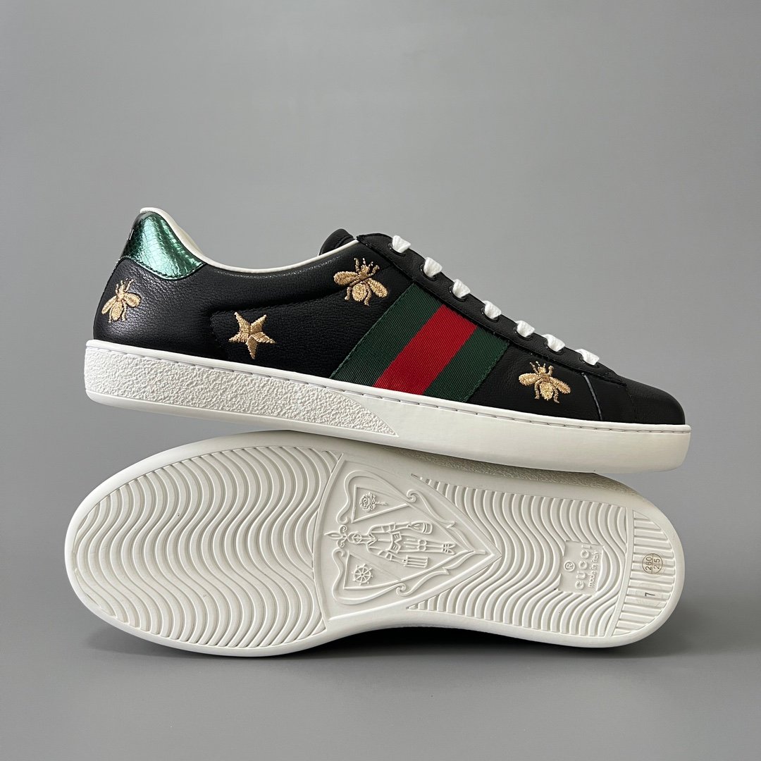 Aurora Custom Gucci Ace Midnight Black Leather Sneaker with Gold Thread Bees & Stars - Image 6