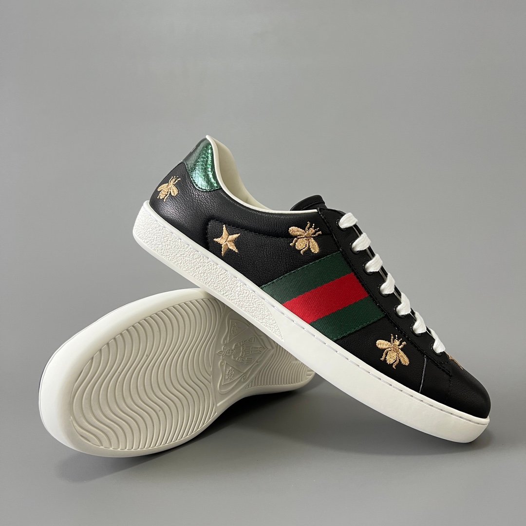 Aurora Custom Gucci Ace Midnight Black Leather Sneaker with Gold Thread Bees & Stars - Image 7