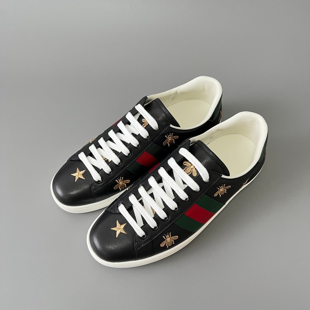 Aurora Custom Gucci Ace Midnight Black Leather Sneaker with Gold Thread Bees & Stars - Image 8