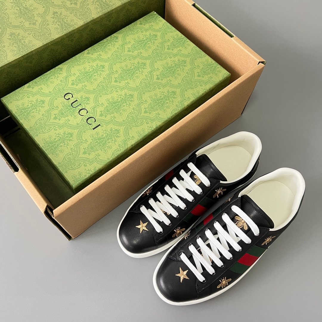 Aurora Custom Gucci Ace Midnight Black Leather Sneaker with Gold Thread Bees & Stars - Image 9