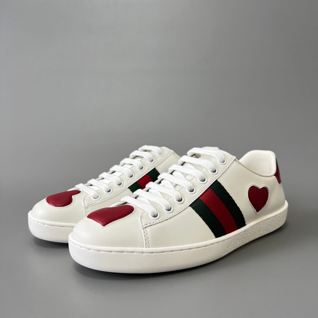 Aurora Custom Gucci Ace Alabaster White Leather Sneaker with Red Hearts (Women's Edition)