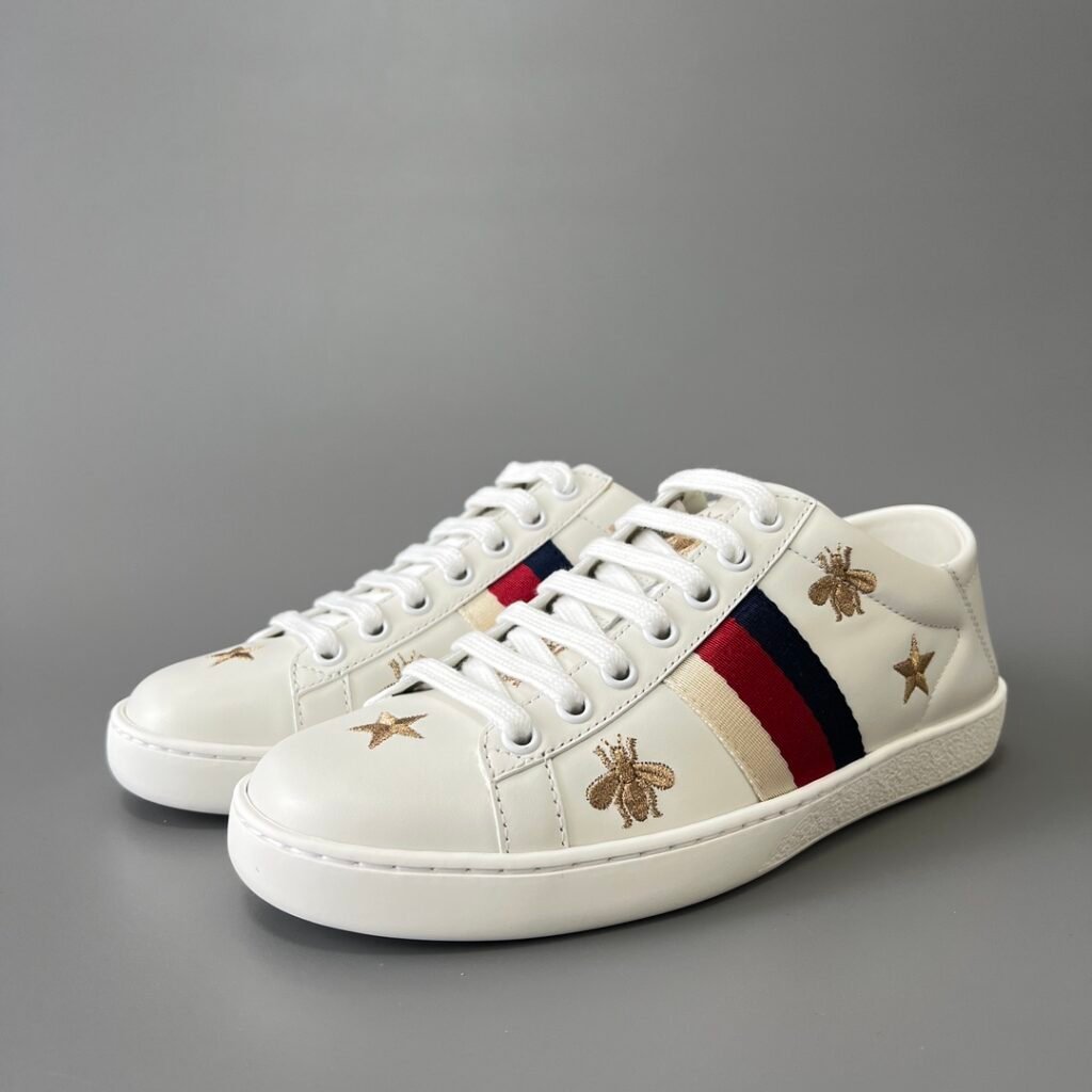 Aurora Custom Gucci Ace Alabaster White Leather Sneaker with Gold Thread Bees & Stars (Women's Edition)