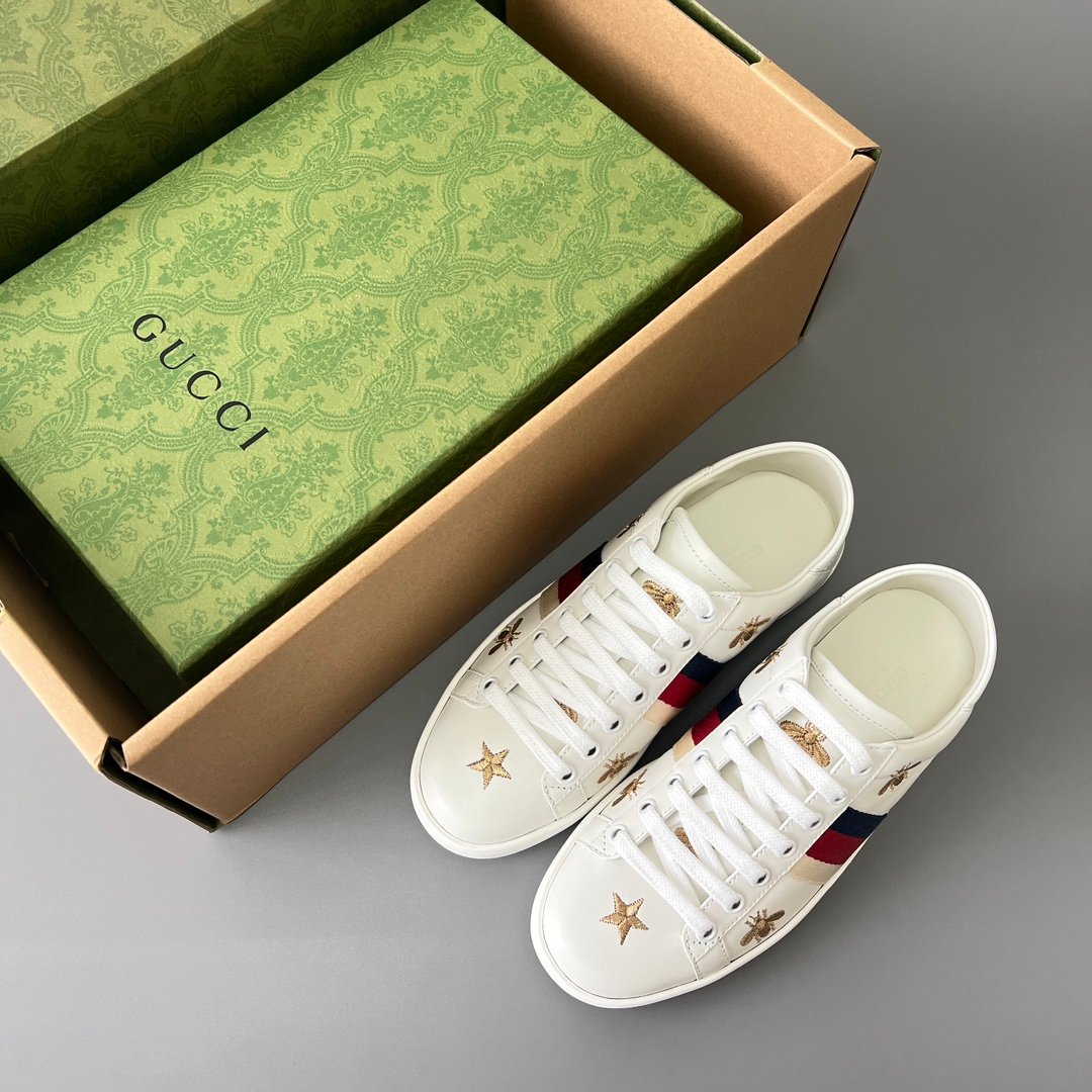 Aurora Custom Gucci Ace Alabaster White Leather Sneaker with Gold Thread Bees & Stars (Women's Edition) - Image 9