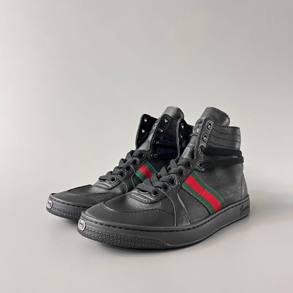 Aurora Custom Gucci Vintage Black Leather High-Top Sneaker with Web Stripe (Men's Edition)