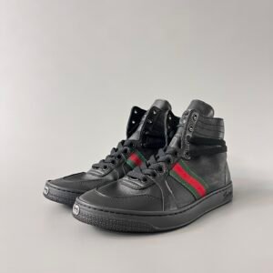 Aurora Custom Gucci Vintage Black Leather High-Top Sneaker with Web Stripe (Men's Edition)