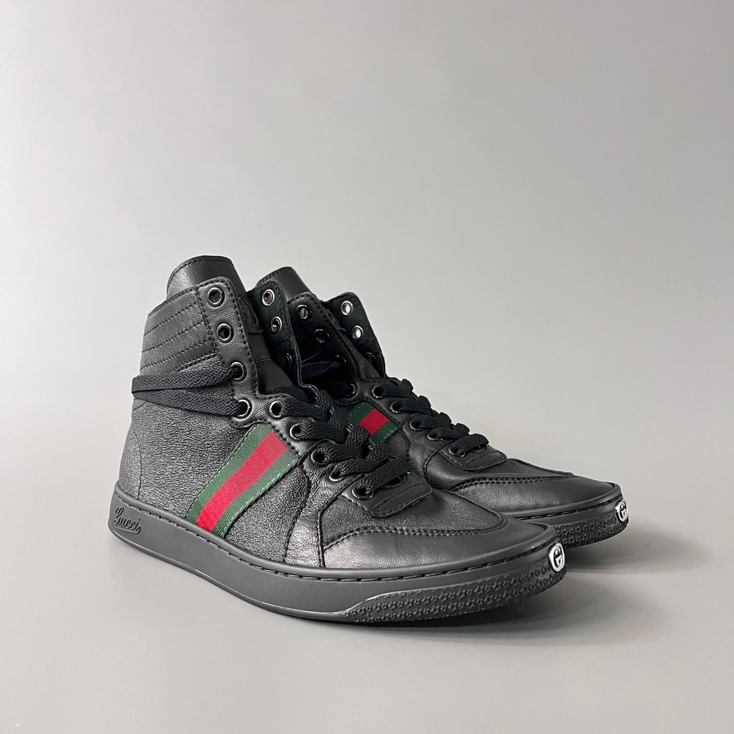 Aurora Custom Gucci Vintage Black Leather High-Top Sneaker with Web Stripe (Men's Edition) - Image 3