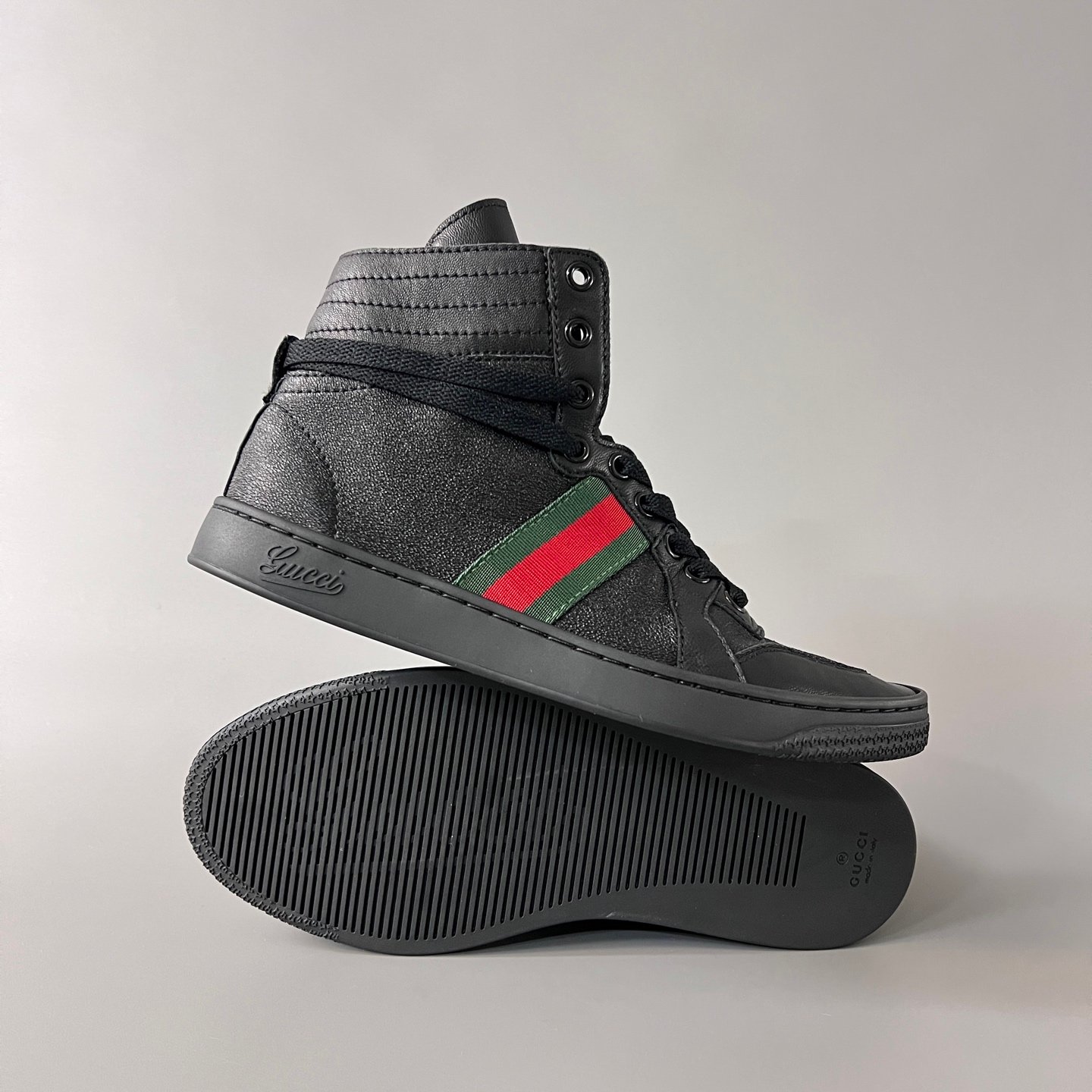 Aurora Custom Gucci Vintage Black Leather High-Top Sneaker with Web Stripe (Men's Edition) - Image 6