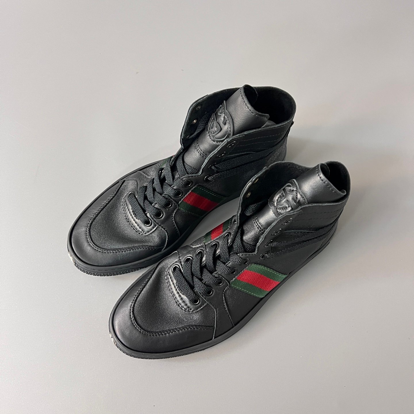 Aurora Custom Gucci Vintage Black Leather High-Top Sneaker with Web Stripe (Men's Edition) - Image 8
