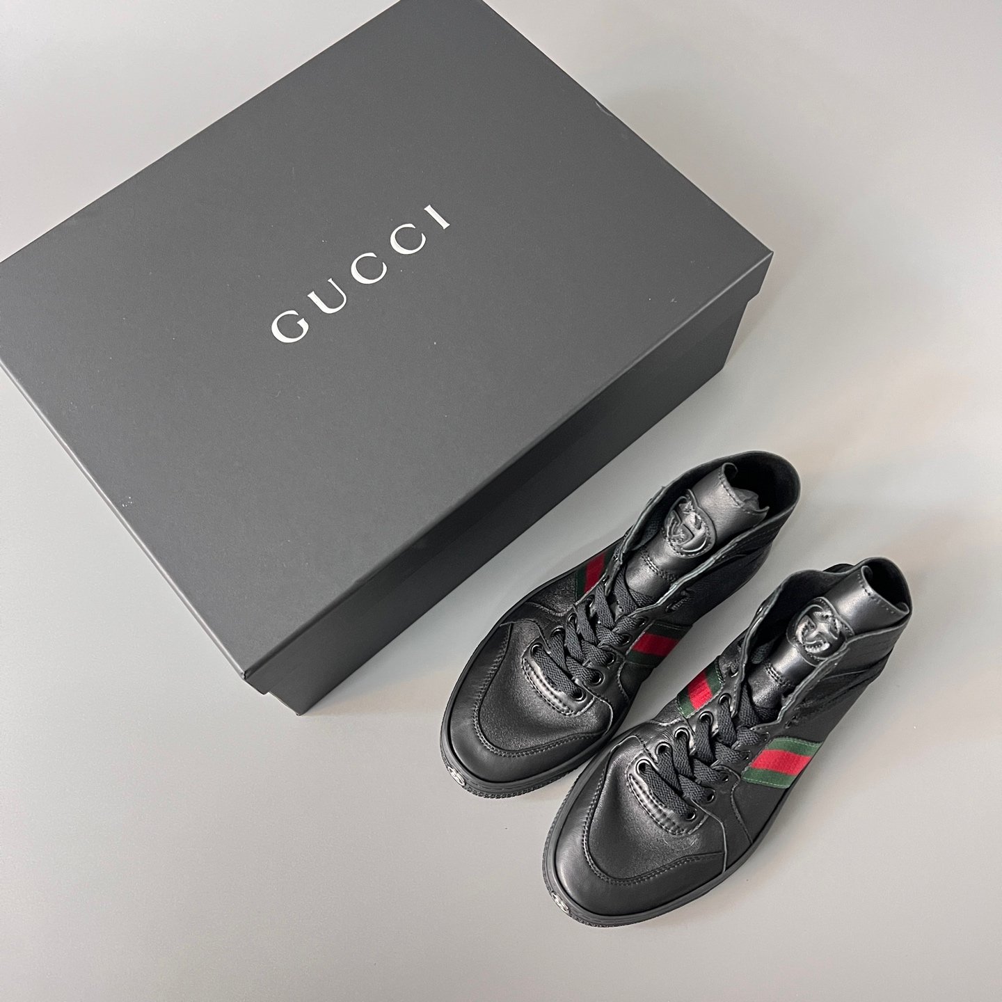 Aurora Custom Gucci Vintage Black Leather High-Top Sneaker with Web Stripe (Men's Edition) - Image 9