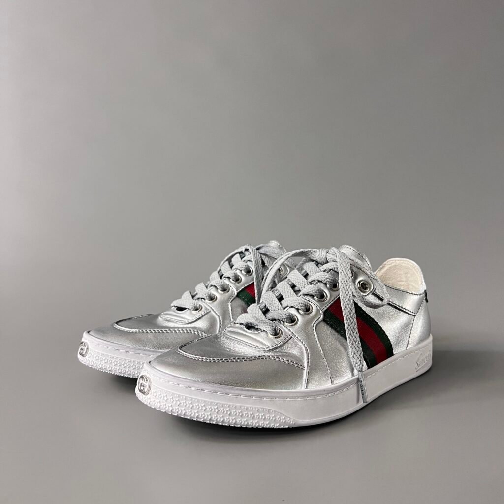 Aurora Custom Gucci La Famiglia Vintage Metallic Silver Low-Top Leather Sneaker (Unisex Edition)