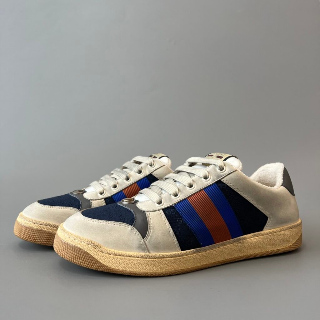 AuroraCustom Gucci Screener Series Perforated Suede & Navy Blue GG Canvas Vintage Court Sneaker (Men's Edition)