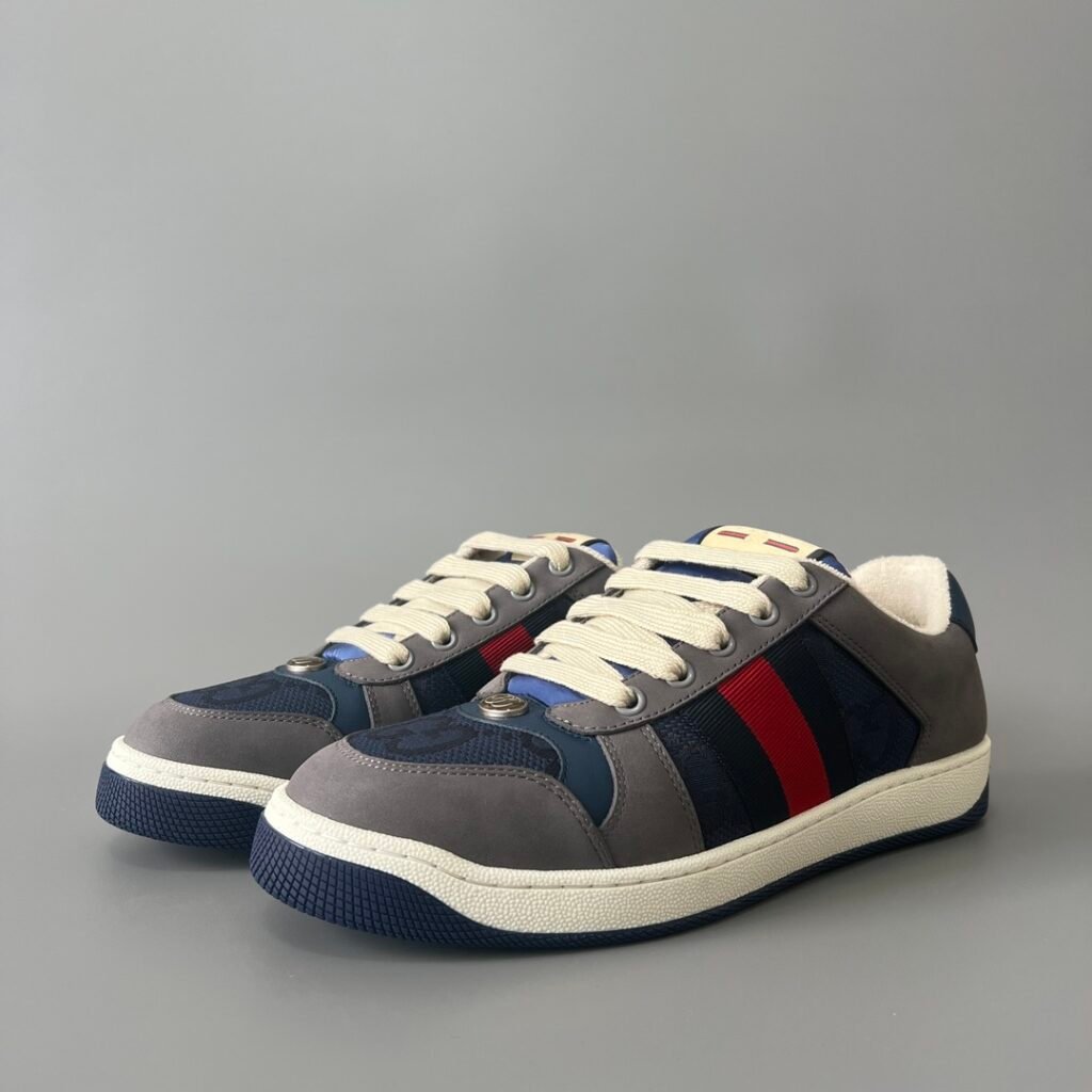 AuroraCustom Gucci Screener Series Charcoal Grey Suede & Dark Blue GG Canvas Vintage Court Sneaker (Men's Edition)