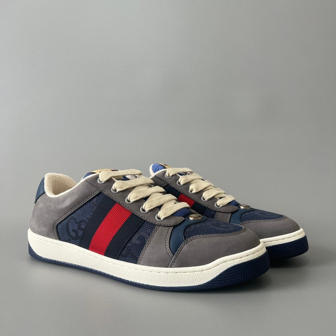 AuroraCustom Gucci Screener Series Charcoal Grey Suede & Dark Blue GG Canvas Vintage Court Sneaker (Men's Edition) - Image 3