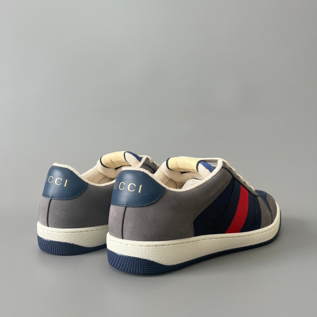 AuroraCustom Gucci Screener Series Charcoal Grey Suede & Dark Blue GG Canvas Vintage Court Sneaker (Men's Edition) - Image 4