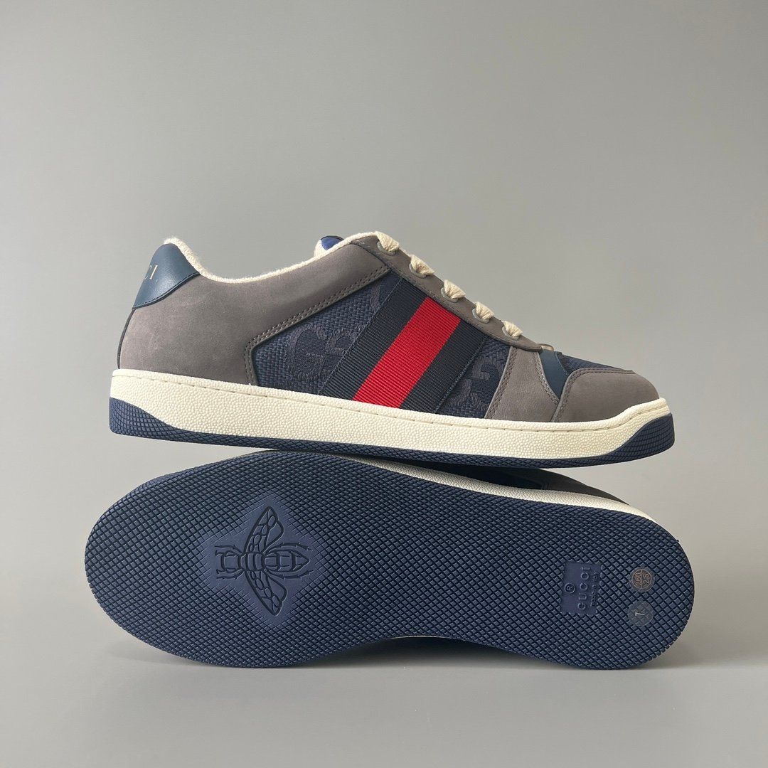 AuroraCustom Gucci Screener Series Charcoal Grey Suede & Dark Blue GG Canvas Vintage Court Sneaker (Men's Edition) - Image 6