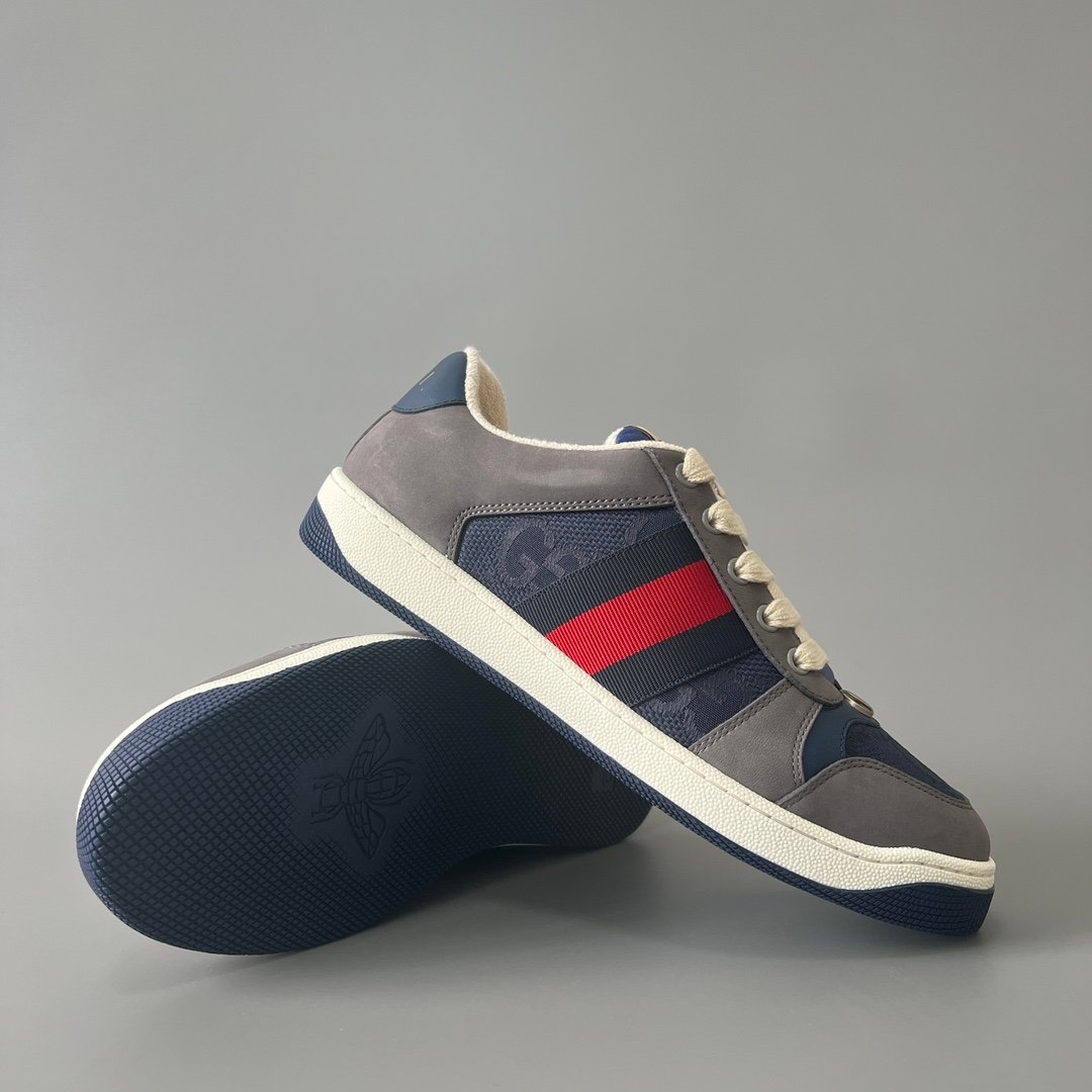AuroraCustom Gucci Screener Series Charcoal Grey Suede & Dark Blue GG Canvas Vintage Court Sneaker (Men's Edition) - Image 7