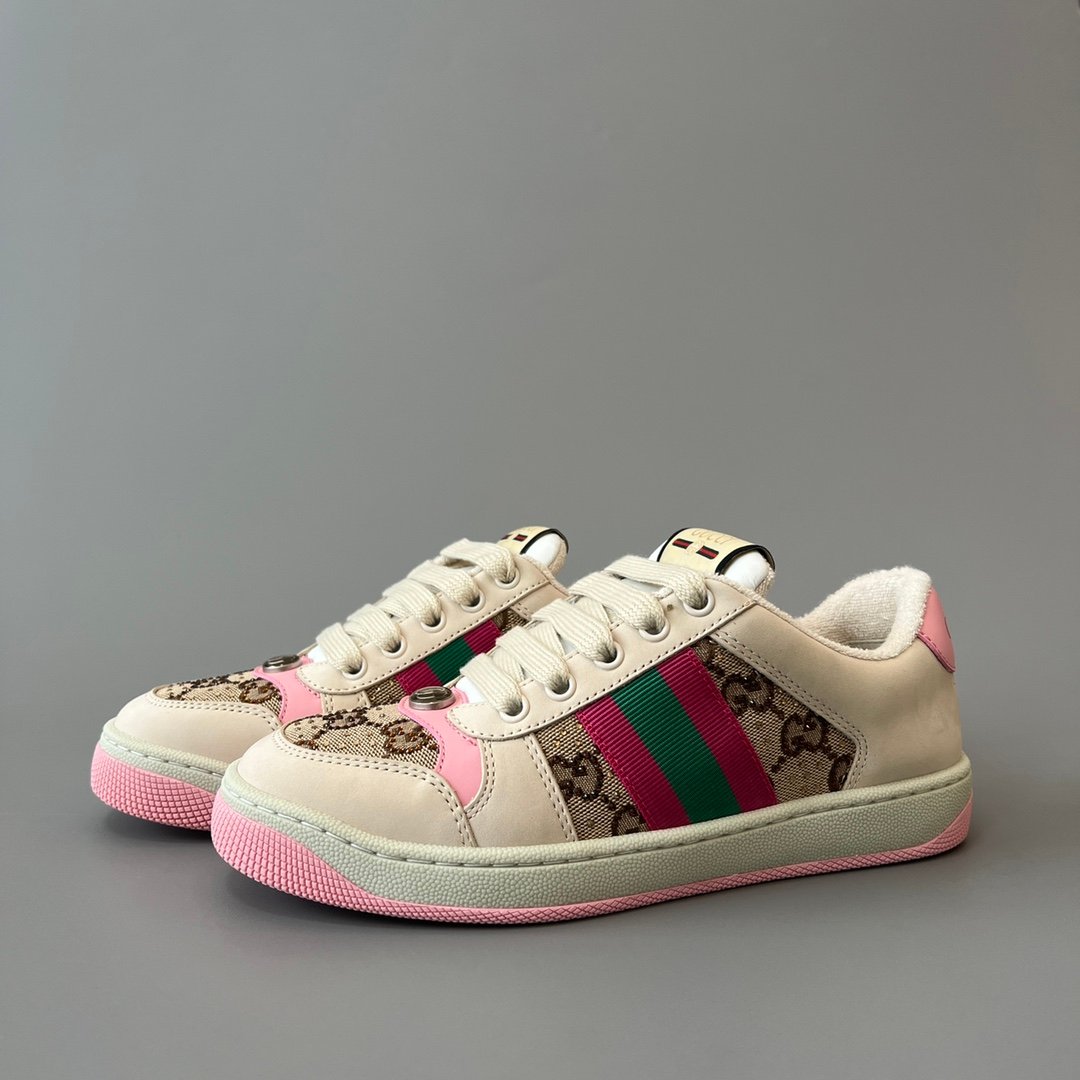 AuroraCustom Gucci Screener Series Cream Smooth Leather & Classic GG Canvas Pink Accent Vintage Court Sneaker (Women's Edition)