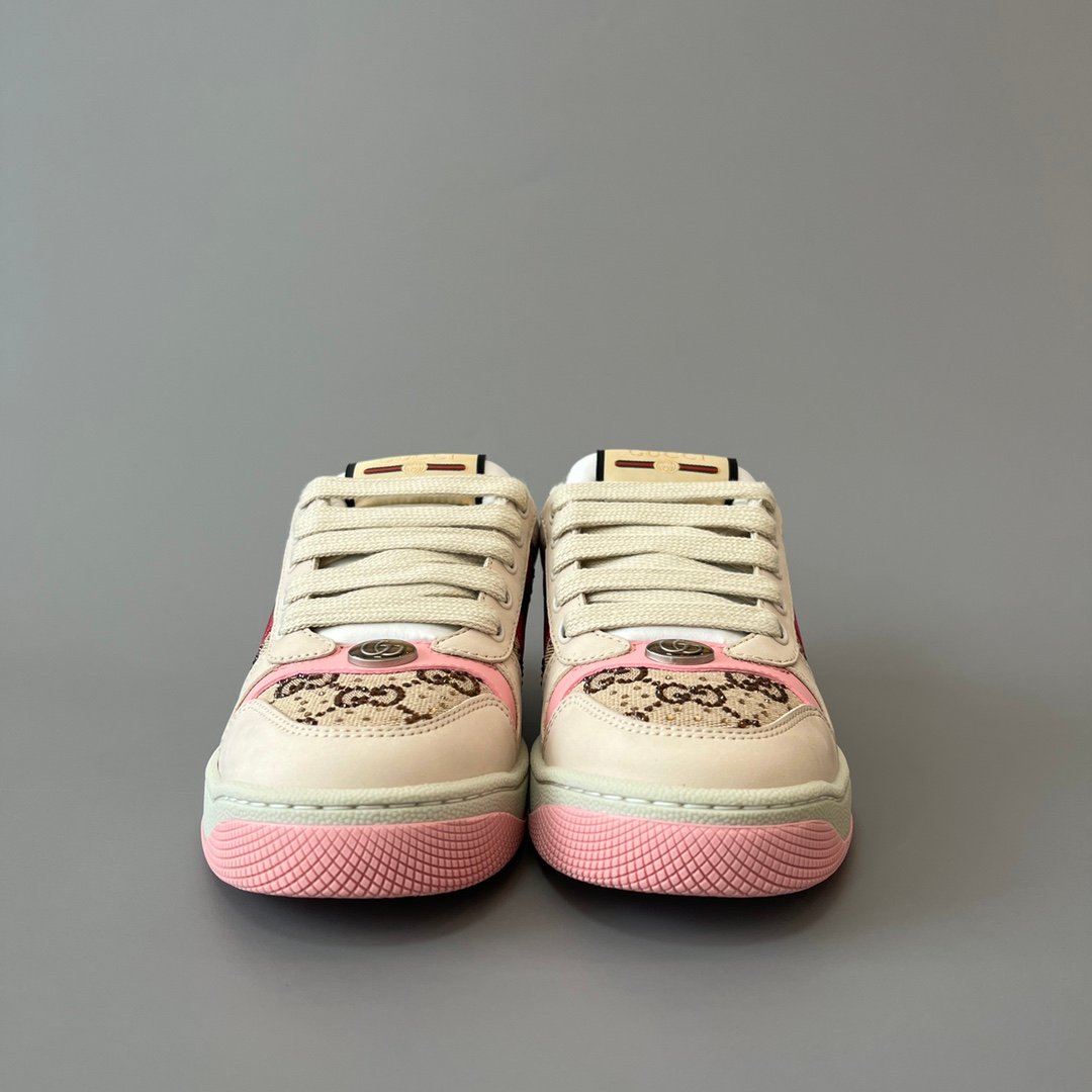 AuroraCustom Gucci Screener Series Cream Smooth Leather & Classic GG Canvas Pink Accent Vintage Court Sneaker (Women's Edition) - Image 2