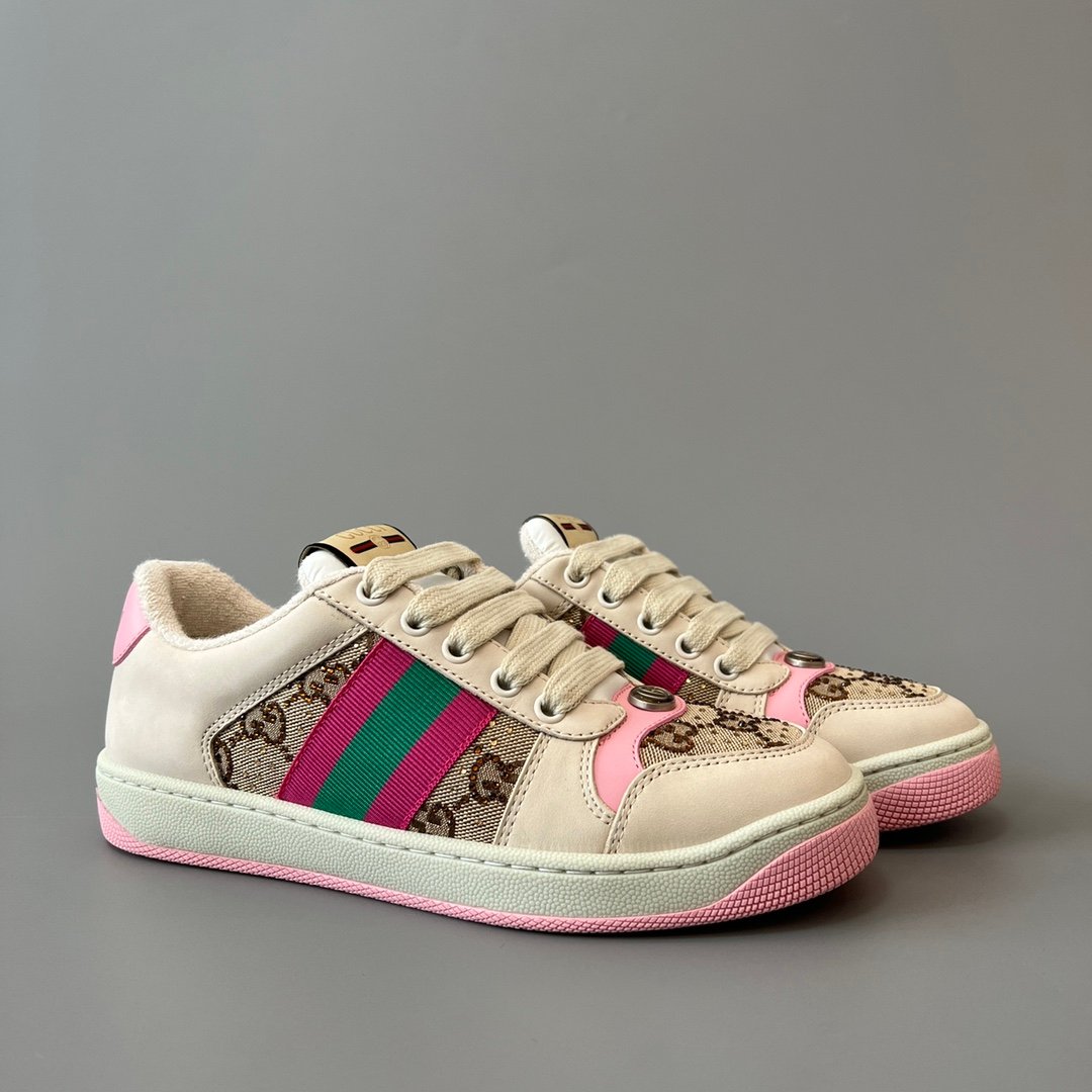 AuroraCustom Gucci Screener Series Cream Smooth Leather & Classic GG Canvas Pink Accent Vintage Court Sneaker (Women's Edition) - Image 3