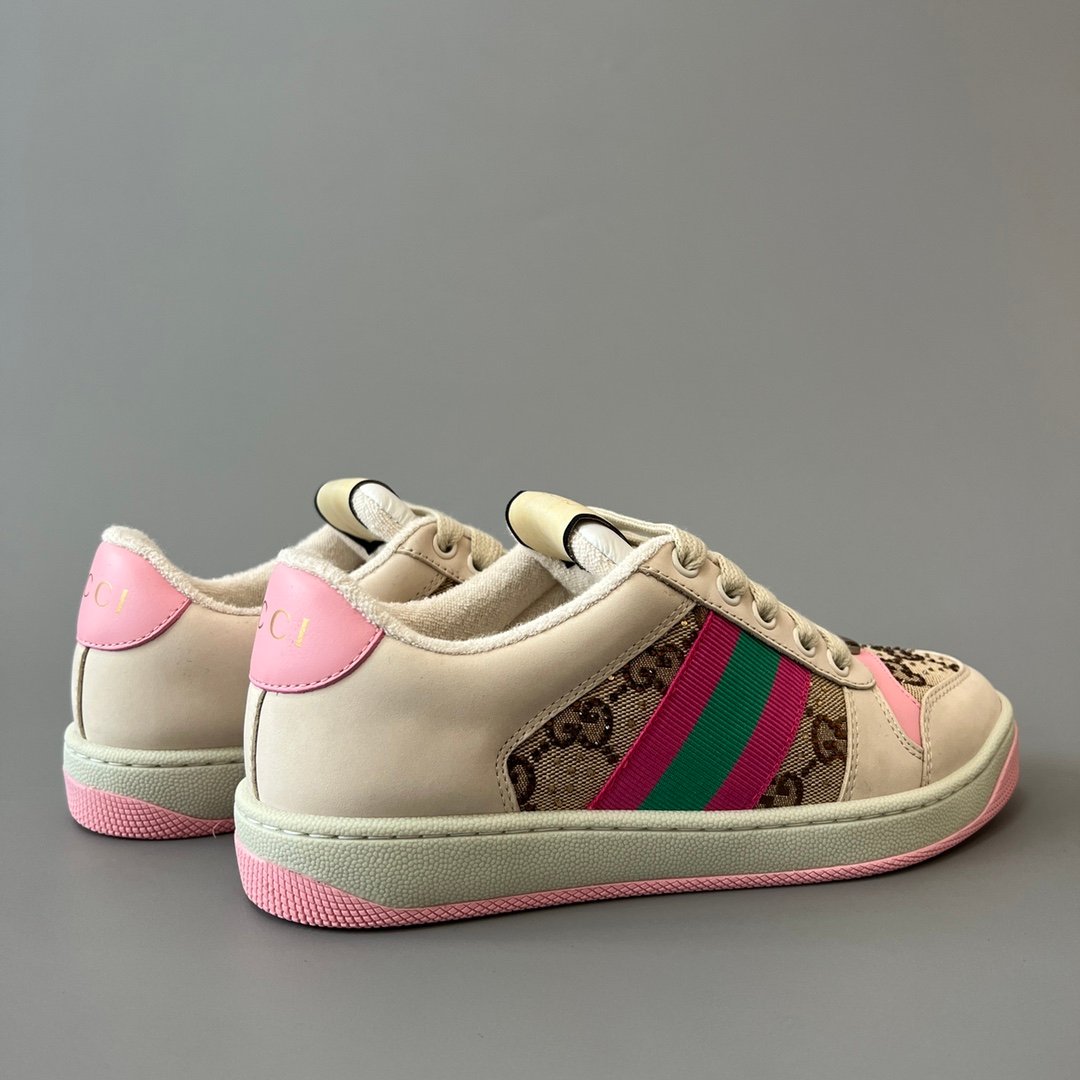 AuroraCustom Gucci Screener Series Cream Smooth Leather & Classic GG Canvas Pink Accent Vintage Court Sneaker (Women's Edition) - Image 4
