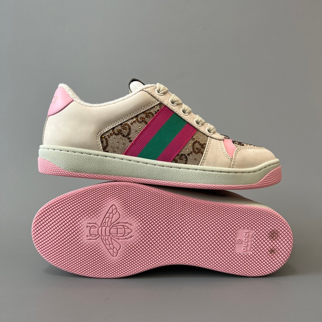 AuroraCustom Gucci Screener Series Cream Smooth Leather & Classic GG Canvas Pink Accent Vintage Court Sneaker (Women's Edition) - Image 6