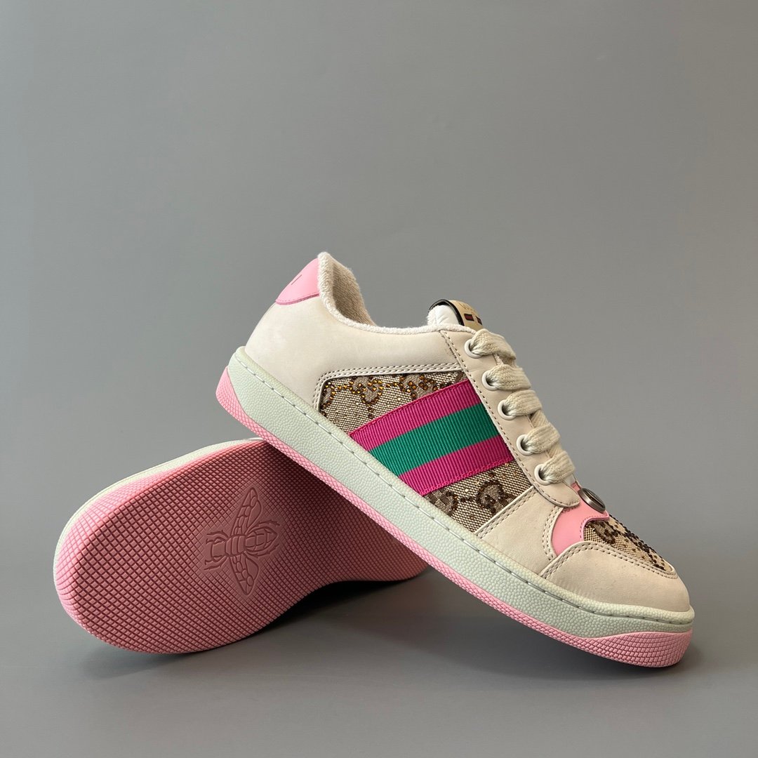 AuroraCustom Gucci Screener Series Cream Smooth Leather & Classic GG Canvas Pink Accent Vintage Court Sneaker (Women's Edition) - Image 7
