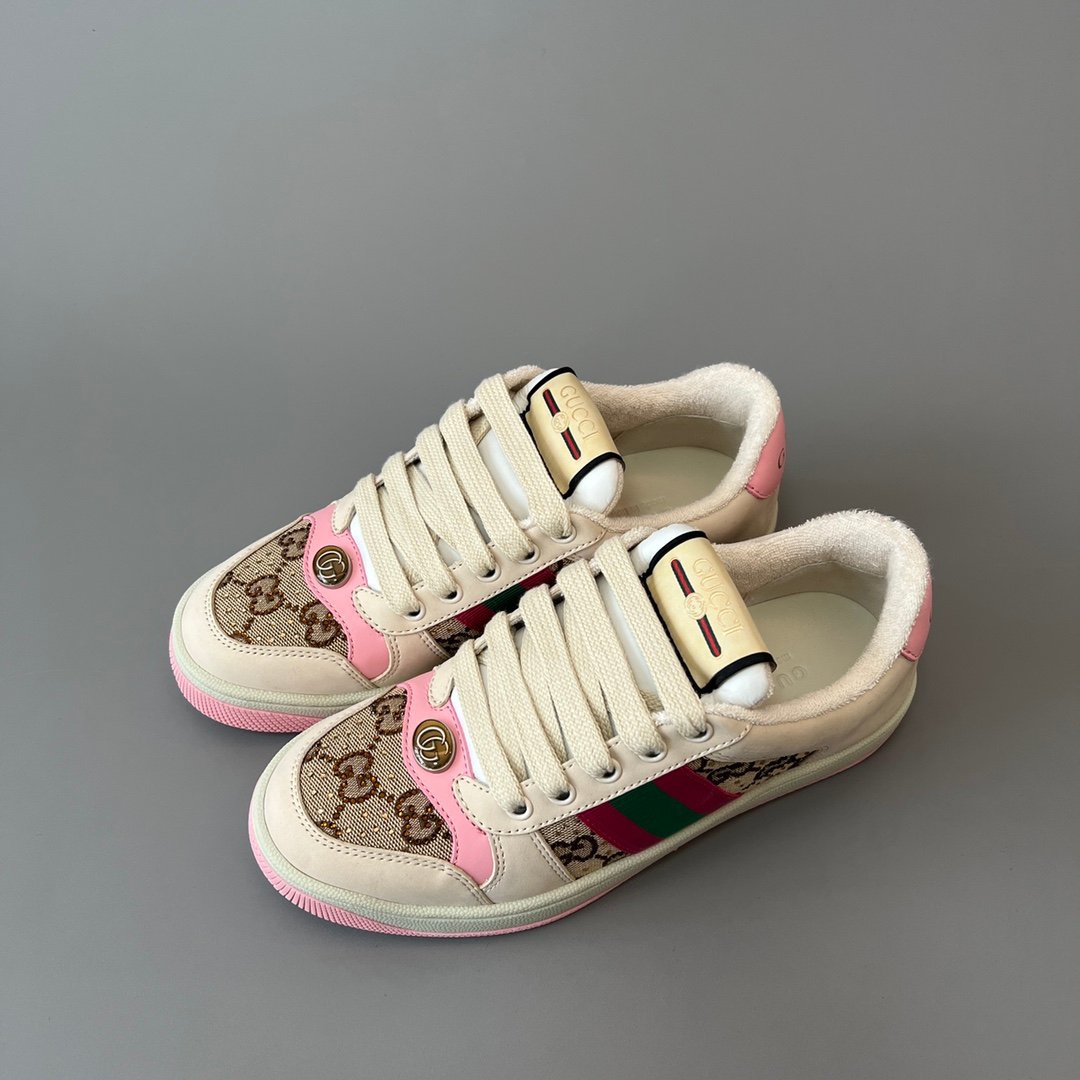 AuroraCustom Gucci Screener Series Cream Smooth Leather & Classic GG Canvas Pink Accent Vintage Court Sneaker (Women's Edition) - Image 8