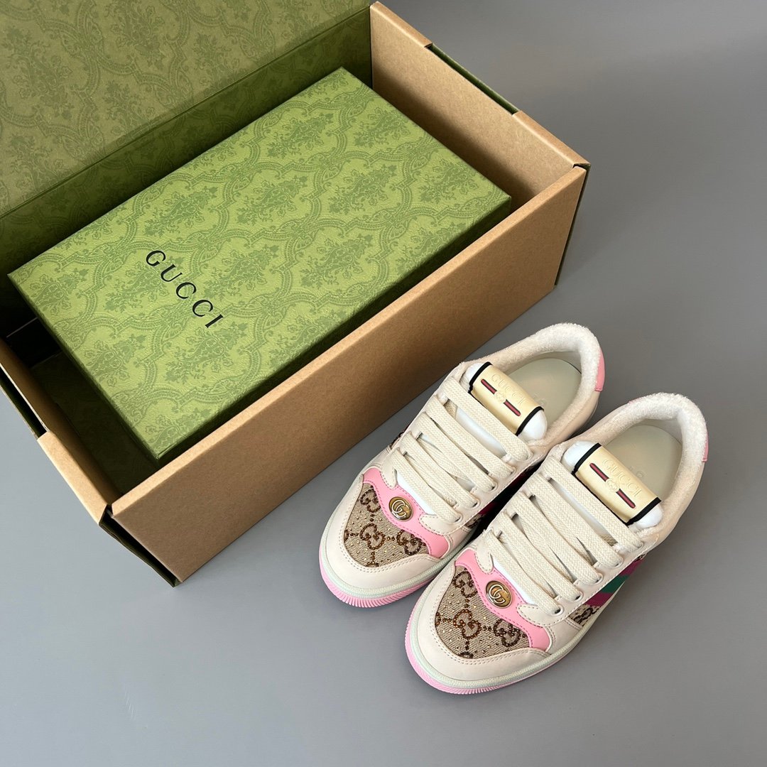 AuroraCustom Gucci Screener Series Cream Smooth Leather & Classic GG Canvas Pink Accent Vintage Court Sneaker (Women's Edition) - Image 9