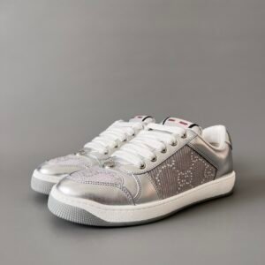 AuroraCustom Gucci Screener Series Metallic Silver Leather & Crystal GG Canvas Court Sneaker (Women's Edition)