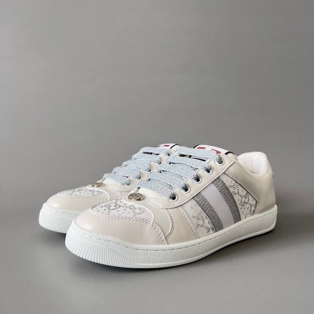 AuroraCustom Gucci Screener Series Cream White Leather & Silver Crystal GG Canvas Court Sneaker (Women's Edition)