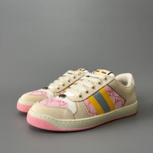 AuroraCustom Gucci Screener Series Cream Suede & Candy Pink GG Canvas Yellow/Grey Stripe Vintage Court Sneaker (Women's Edition)