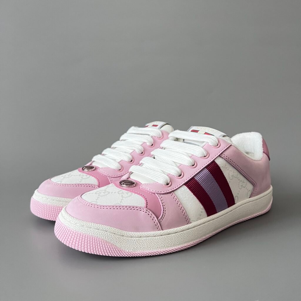 AuroraCustom Gucci Screener Series Pastel Pink & White GG Canvas Lavender/Burgundy Stripe Vintage Court Sneaker (Women's Edition)