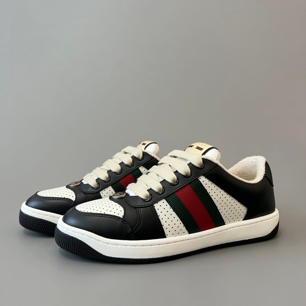 AuroraCustom Gucci Screener Series Perforated Black & White Leather Vintage Court Sneaker (Unisex Edition)