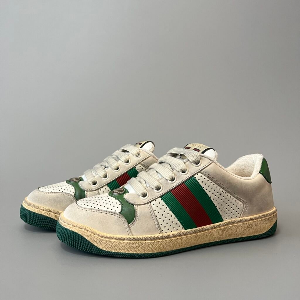 AuroraCustom Gucci Screener Series Perforated Cream Suede & Green Leather Vintage Court Sneaker (Unisex Edition)