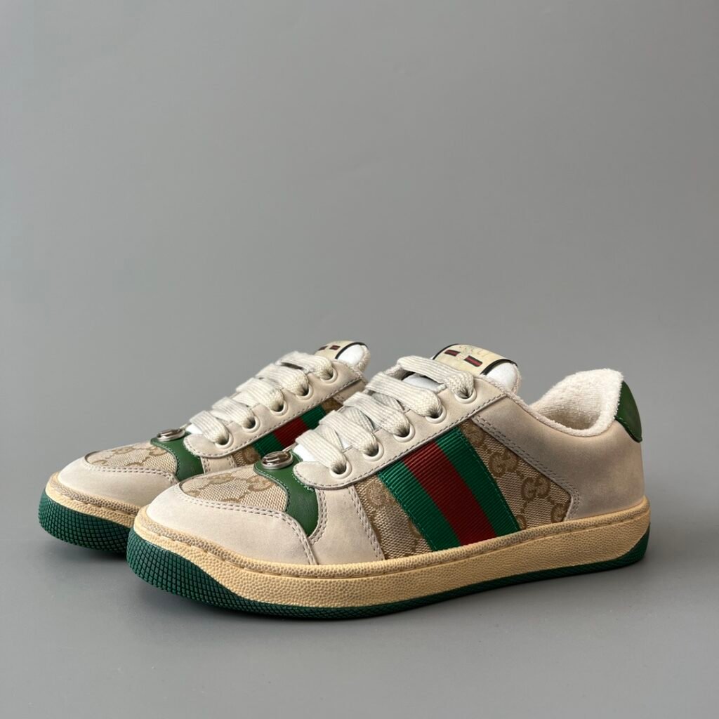 AuroraCustom Gucci Screener Series Classic Beige GG Canvas & Green Leather Vintage Court Sneaker (Unisex Edition)