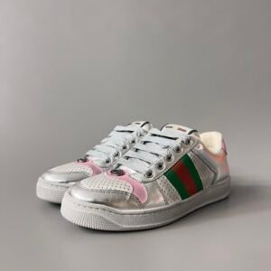 AuroraCustom Gucci Screener Series Metallic Silver Leather & Perforated Pink Accent Vintage Court Sneaker (Women's Edition)