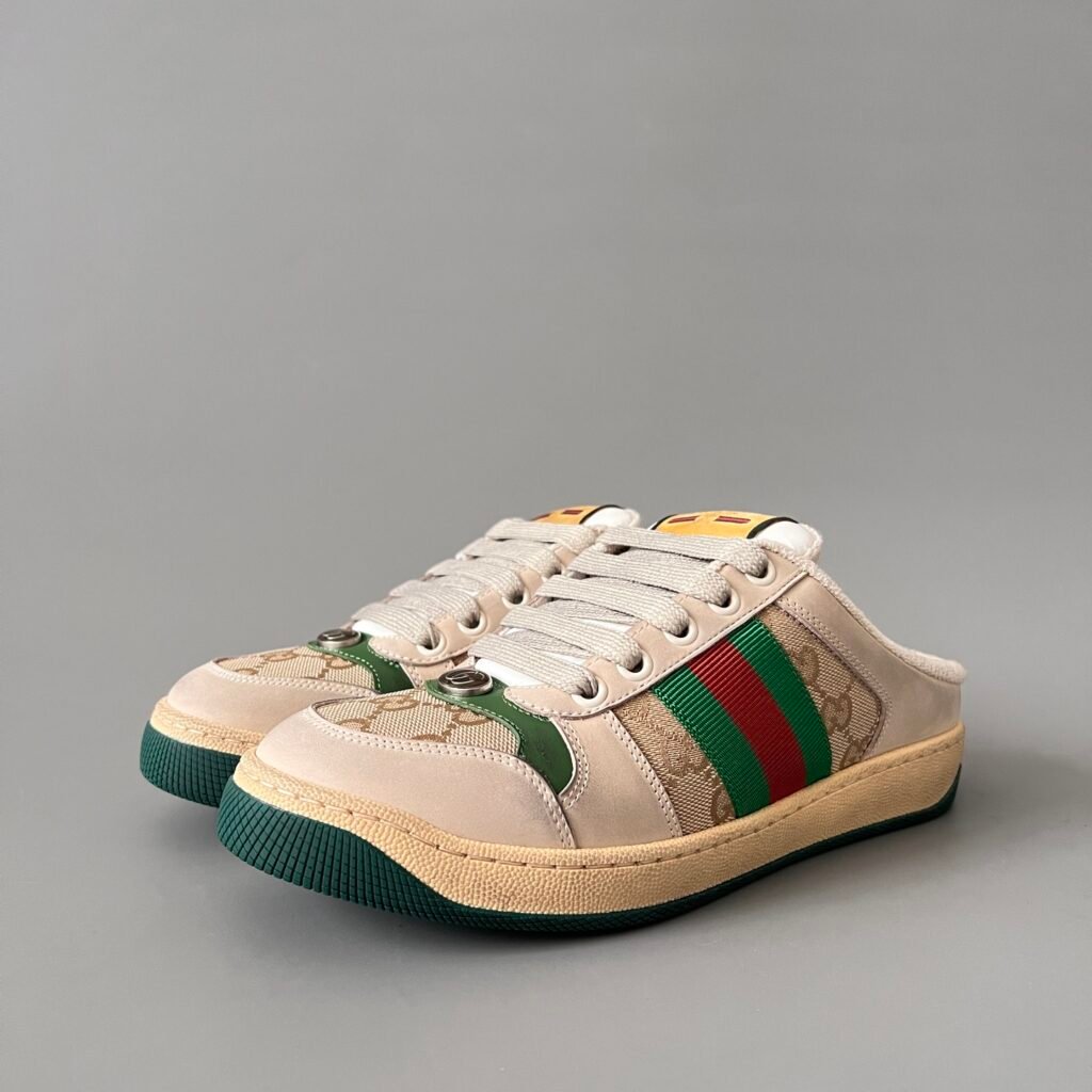 AuroraCustom Gucci Screener Series Classic Beige GG Canvas & Green Leather Vintage Court Mule Sneaker (Women's Edition)