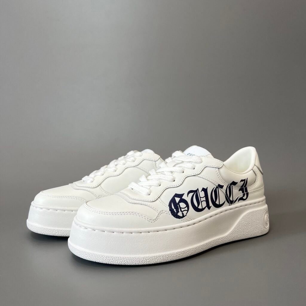 Aurora Custom Gucci Re-Web Gothic Logo White Leather Chunky Platform Sneaker (Women's Edition)