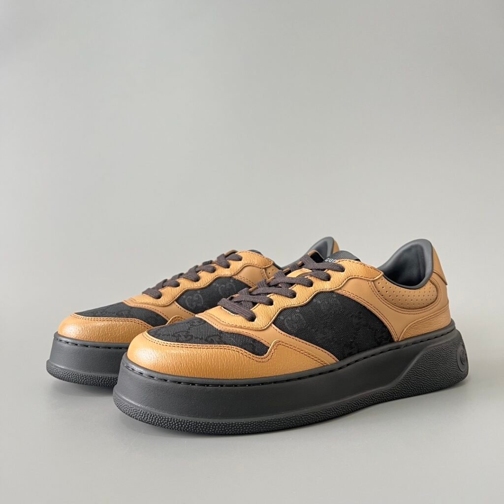 Aurora Custom Gucci Re-Web Black GG Canvas & Camel Tan Leather Chunky Sneaker (Men's Edition)