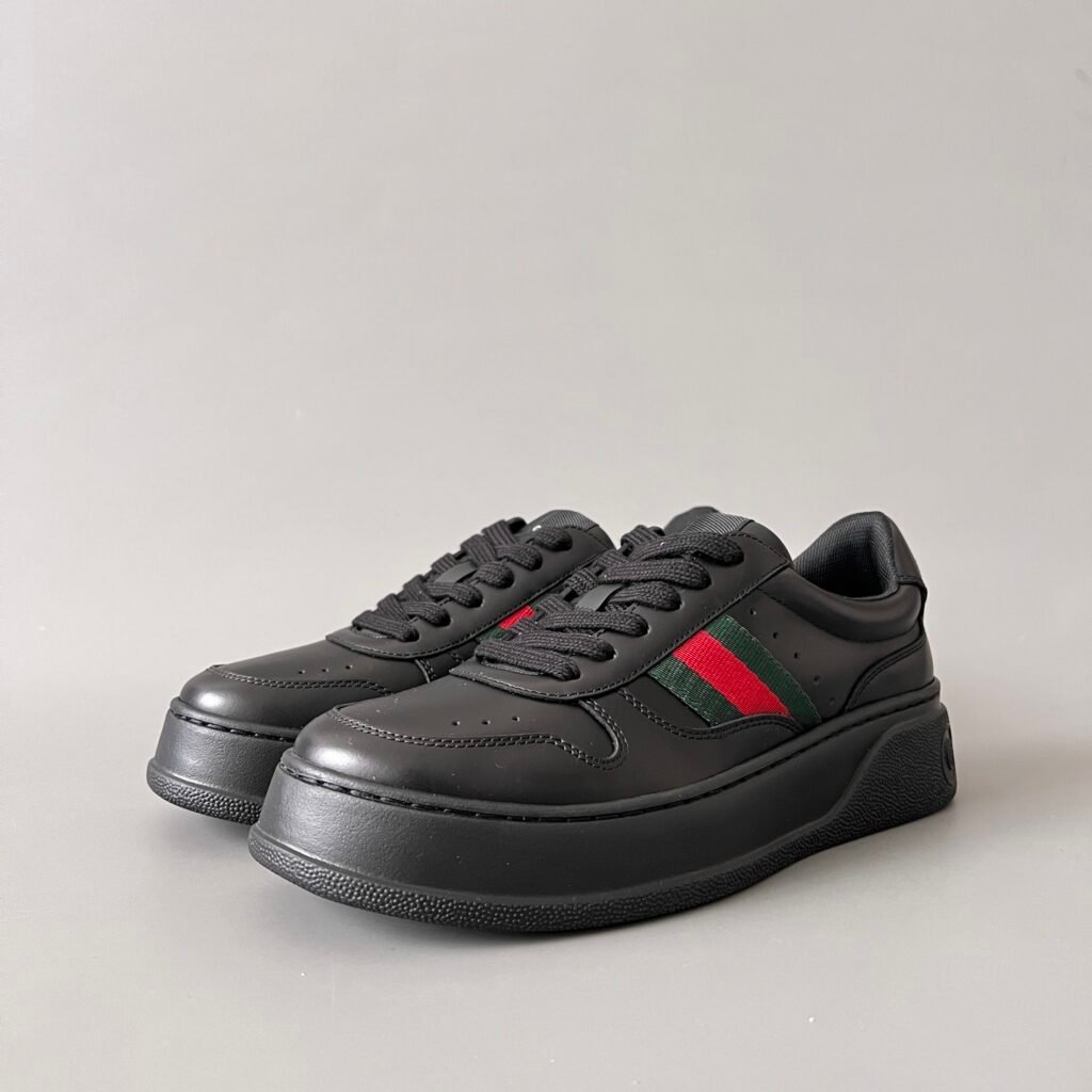 Aurora Custom Gucci Re-Web Black Leather Chunky Platform Sneaker with Web Stripe (Men's Edition)