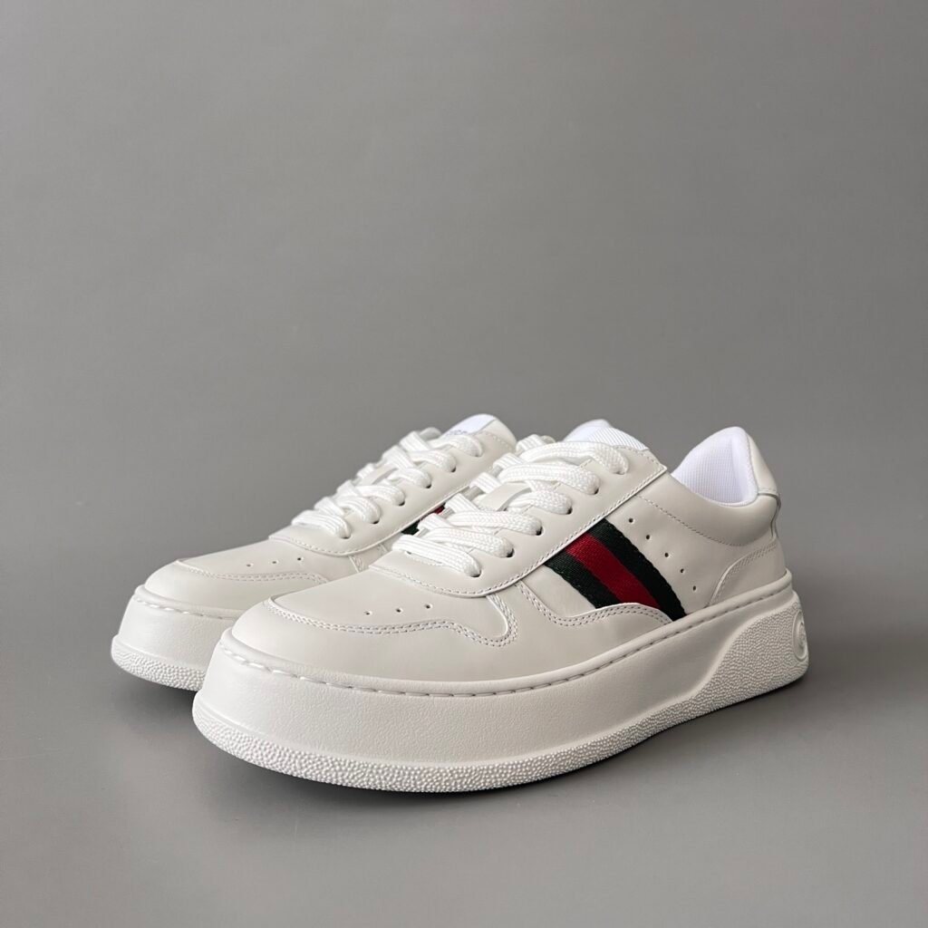 AuroraCustom Gucci Re-Web All-White Leather Chunky Platform Sneaker with Web Stripe (Unisex Edition)