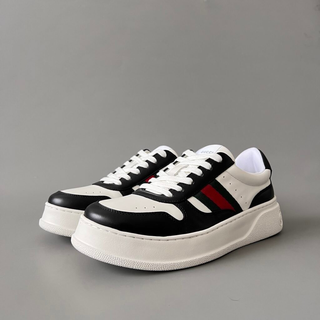 AuroraCustom Gucci Re-Web Black & White Leather Chunky Platform Sneaker with Web Stripe (Unisex Edition)